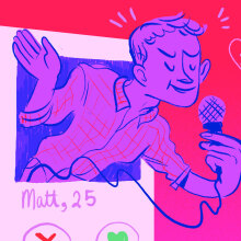 illustration of man emerging from dating app profile holding a microphone