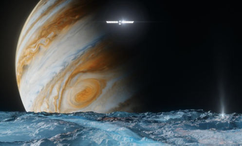 A conception of the Europa Clipper spacecraft flying by the Jovian moon, Europa, with dominant Jupiter in the distance.