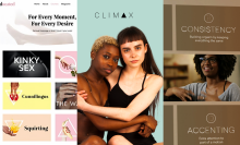 Left: Beducated home page; Middle: A Black person and white person embracing and looking into the camera with Climax logo above them; Right: OMGYES season one screen