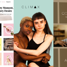 Left: Beducated home page; Middle: A Black person and white person embracing and looking into the camera with Climax logo above them; Right: OMGYES season one screen