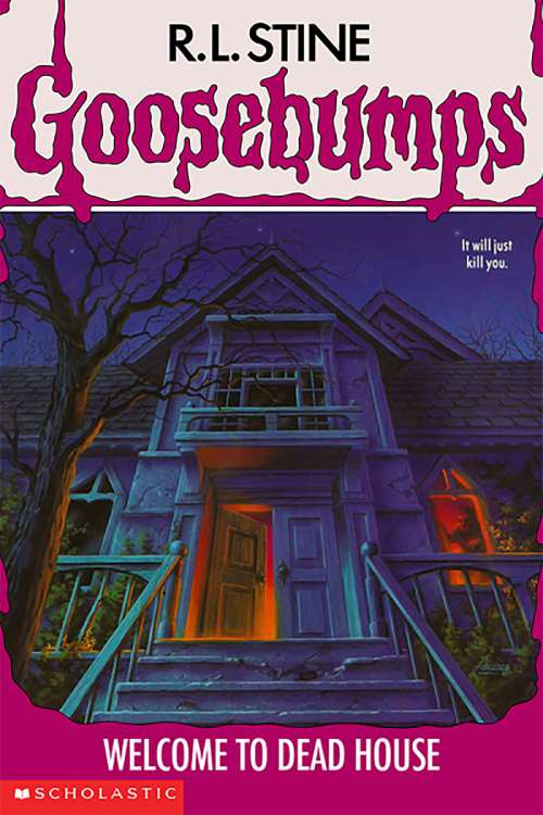 The front cover of the "Goosebumps" book "Welcome to Dead House" showing an abandoned old house lit from inside.