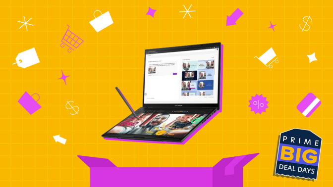 an asus zenbook duo with a stylus above a pink box against a yellow grid background surrounded by shopping icons