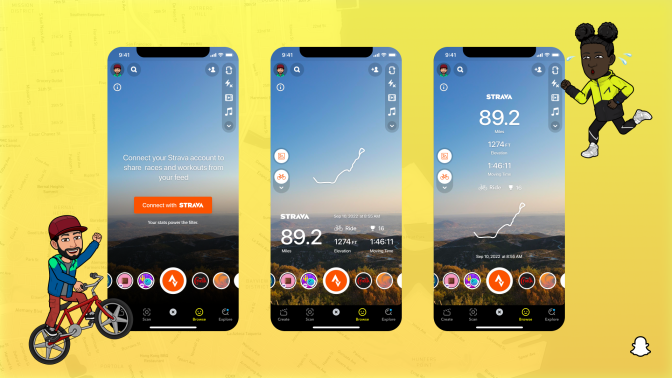 three views of snap and strava lens showing workout stats over a view