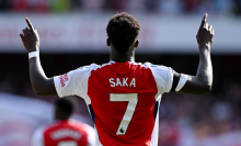 Bukayo Saka of Arsenal celebrates scoring