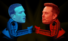 An illustration of two Rock 'Em Sock 'Em robots facing each other with Mark Zuckerberg and Elon Musk's heads superimposed onto their bodies.