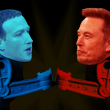 An illustration of two Rock 'Em Sock 'Em robots facing each other with Mark Zuckerberg and Elon Musk's heads superimposed onto their bodies.