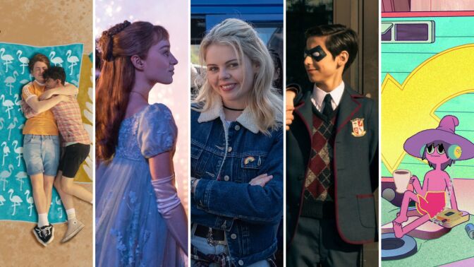 Production stills from Netflix television shows: "Heartstopper," "Bridgerton," "Derry Girls," "Umbrella Academy," and "The Midnight Gospel."