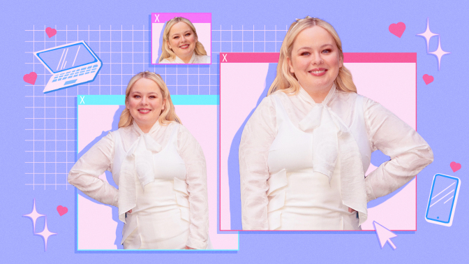 Nicola Coughlan in white on a purple background.