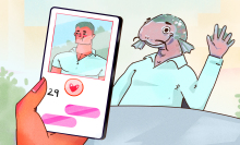 An illustration showing a woman holding a phone that's displaying an online dating profile. The man in the photo is a bulky, square jawed white man. However, the man is revealed to be a catfish in a blue shirt