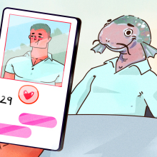 An illustration showing a woman holding a phone that's displaying an online dating profile. The man in the photo is a bulky, square jawed white man. However, the man is revealed to be a catfish in a blue shirt