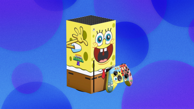 Photo of the limited edition SpongeBob Xbox on a blue background.