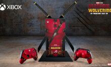 An Xbox Series X console and controllers themed with Deadpool's costume design, featuring Deadpool's katanas on the console. Promotional image for the movie 'Deadpool & Wolverine' in theaters July 26, by Marvel Studios