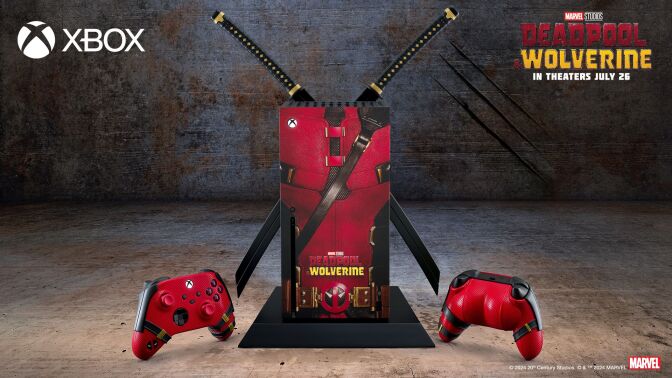 An Xbox Series X console and controllers themed with Deadpool's costume design, featuring Deadpool's katanas on the console. Promotional image for the movie 'Deadpool & Wolverine' in theaters July 26, by Marvel Studios