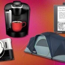 a robot vacuum, coffee maker, tent, and kindle sit on a pink and orange background