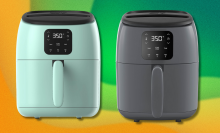 Two air fryers on green and yellow background