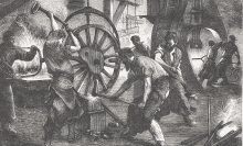 Industrial revolution workers using hammers