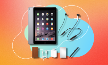 refurbished ipad, beats flex headphones, and other accessories with colorful background