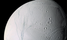 The icy surface of Saturn's moon Enceladus.
