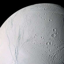 The icy surface of Saturn's moon Enceladus.