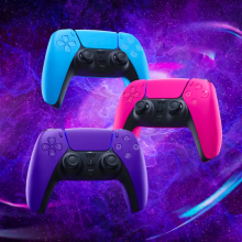 playstation's three new dualsense wireless controllers on a purple cosmic background