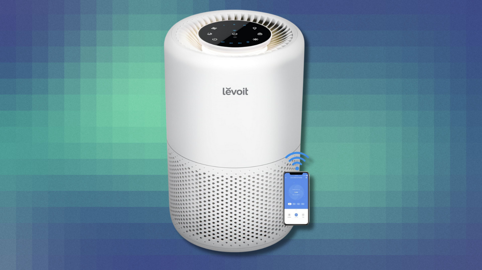 Levoit Air Purifier on blue and green abstract background