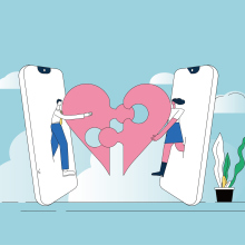 Illustration of a man and woman both holding up half of an oversized pink heart, shaped like a jigsaw puzzle piece.