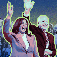 Kamala Harris and Tim Walz wave in the center of the image, and are flanked by Beyonce and Taylor Swift.