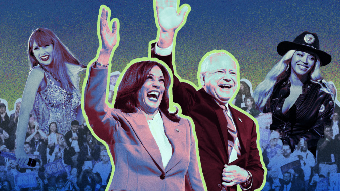 Kamala Harris and Tim Walz wave in the center of the image, and are flanked by Beyonce and Taylor Swift.