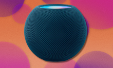 Apple HomePod Mini in orange and purple abstract background