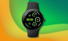 Google Pixel Watch 3 on yellow and green background