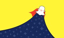 An illustration of Snapchat mascot Ghostface Chillah flying up on a yellow background leaving a widening trail of stars on a dark blue background. 