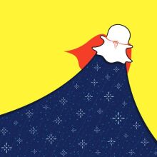 An illustration of Snapchat mascot Ghostface Chillah flying up on a yellow background leaving a widening trail of stars on a dark blue background. 