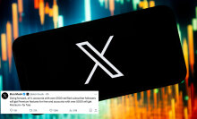 An X logo is visible on a smartphone, with a post from Elon Musk visible in the bottom-left corner.