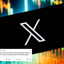 An X logo is visible on a smartphone, with a post from Elon Musk visible in the bottom-left corner.