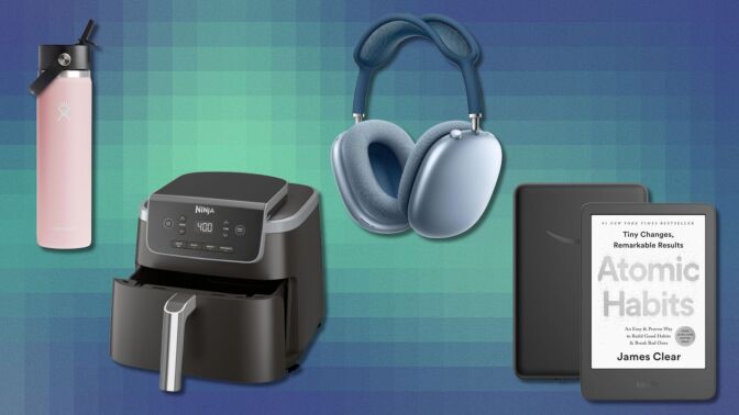 a pink waterbottle, Ninja air fryer, blue apple headphones, and an amazon kindle sit on a pixelated background that's teal and dark blue