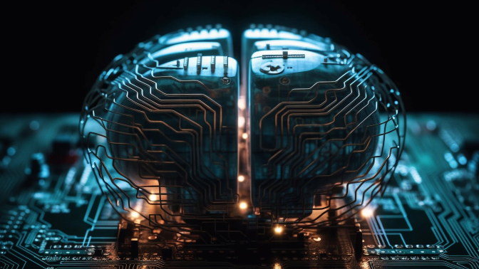 Electronic circuitboard in shape of brain.