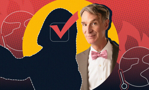 A photo of Bill Nye smiling, surrounded by illustrations of the earth, flames, and a person's silhouette as they take a selfie.