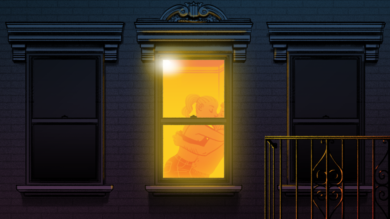 illustration of straight couple kissing in illuminated window