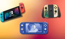 collage of three Nintendo Switch models on an orange background 