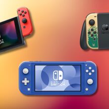 collage of three Nintendo Switch models on an orange background 