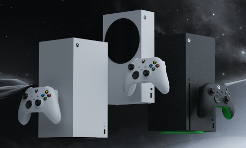 new 2024 xbox consoles with controllers against a galactic background