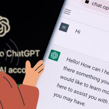 Illustration of talking woman and the ChatGPT app