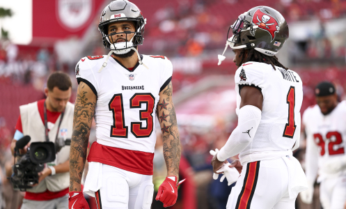 Mike Evans of the Tampa Bay Buccaneers stands on the sidelines