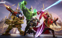 A dynamic scene featuring Marvel superheroes Groot, Rocket Raccoon, Hulk, Black Panther, Iron Man, and Doctor Strange in action poses