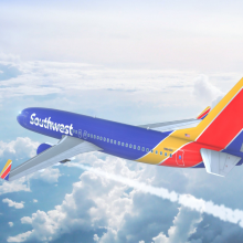 LOS ANGELES, CALIFORNIA, USA - MAY 8 2017: Aerial view of Southwest Airlines Boeing 737 on approach to runway at Los Angeles Airport. 3D Illustration.