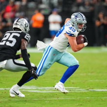 Alec Holler of the Dallas Cowboys runs against the Las Vegas Raiders