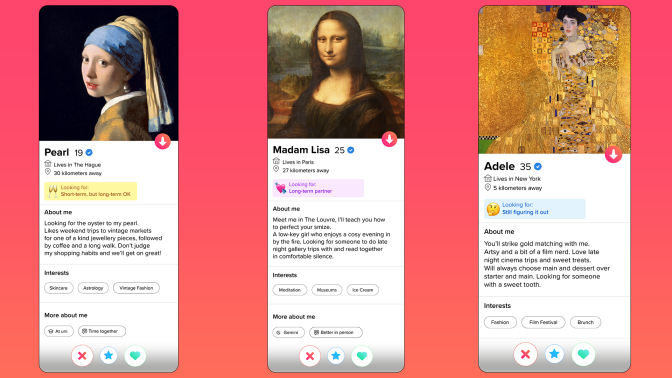 girl with a pearl earring, mona lisa, and the woman in gold as tinder profiles