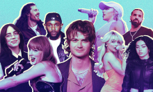 From left to right Billie Eilish, Hozier, Taylor Swift, Kendrick Lamar, Djo (Joe Keery), Tinashe, Sabrina Carpenter, Charli XCX, and Drake. 