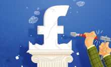 The Facebook logo on a podium, with a hand appearing in the corner appearing to chip away at it.