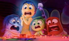 The emotions from "Inside Out 2" scream while looking at a flashing red button.